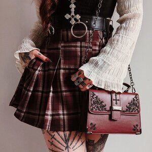 Disturbia Bramble Check Pleated Mini Skirt - Women's US 14 - Burgundy Red Plaid